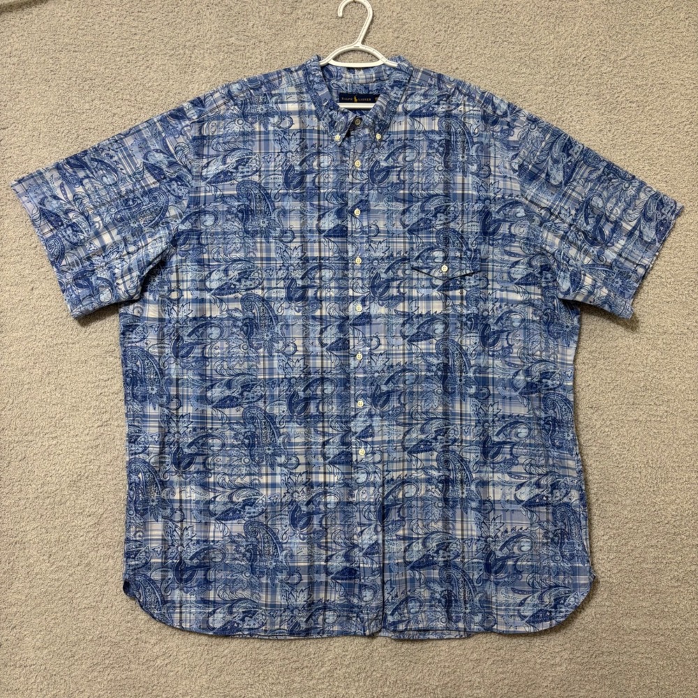 Big & Tall 4XLT Blue Paisley Plaid Button Down Shirt Cotton Casual Ralph Lauren